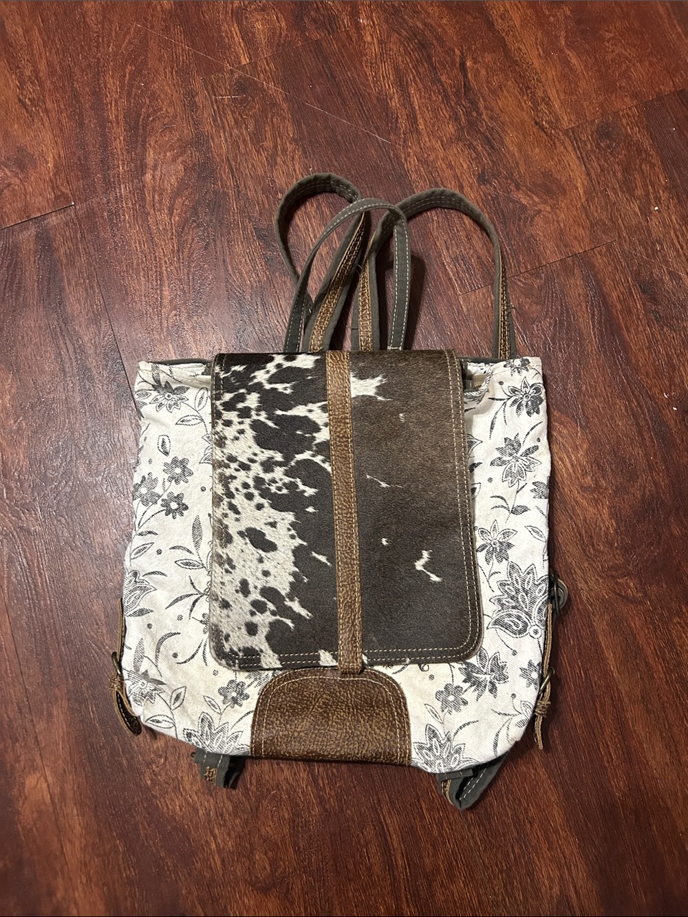 Myra Bag Bloom Bleach Floral Canvas & Black White Cowhide Backpack - Picture 3 of 9